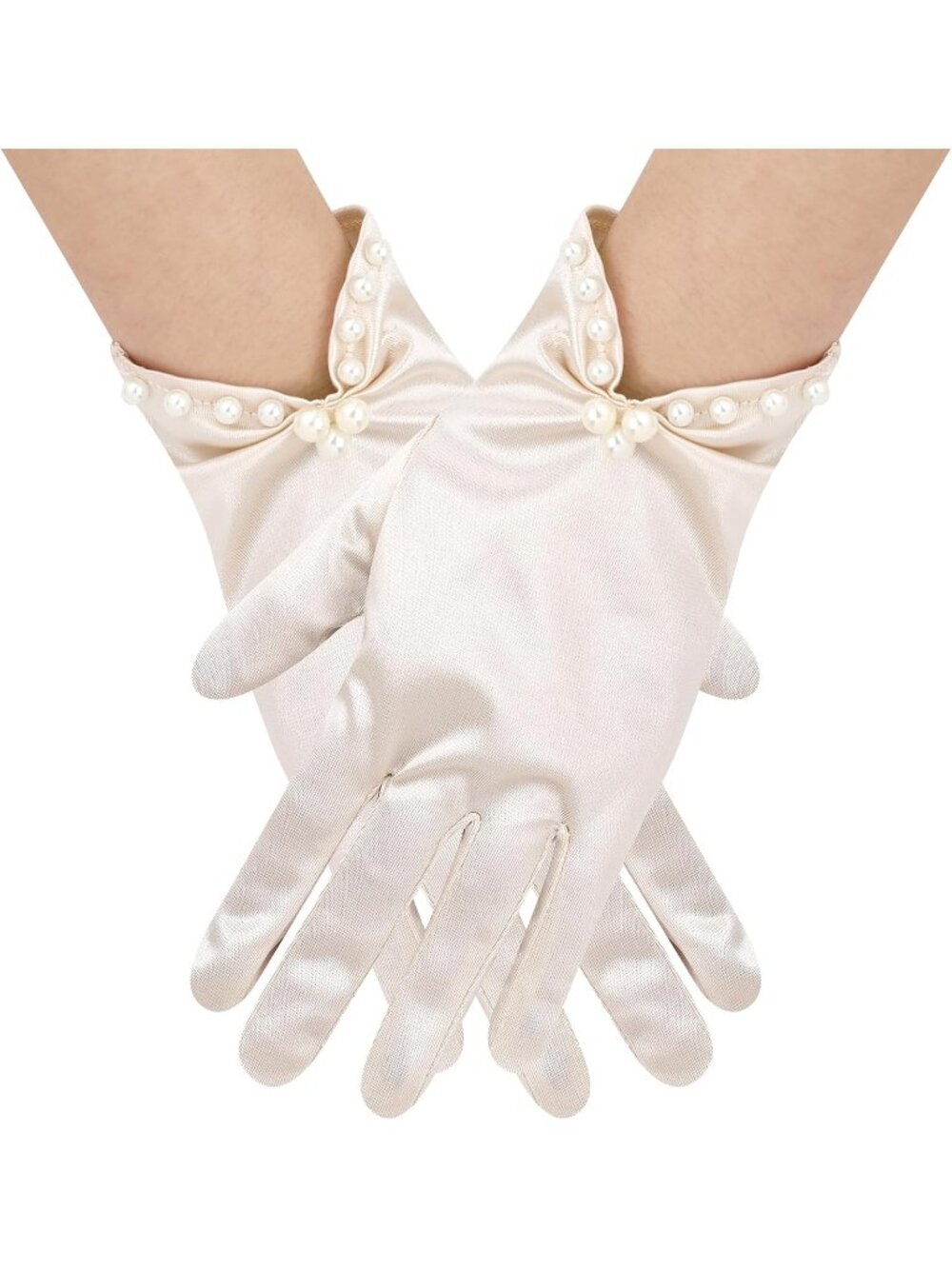 Women's Champagne Short Satin Gloves with Pearl Tea Party Opera Banquet Gloves